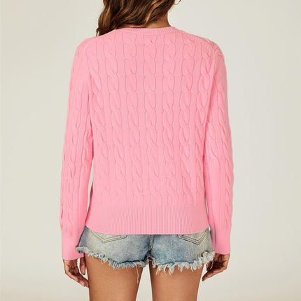 Cable-Knit Crewneck Cardigan In Pink