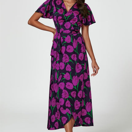 Floral Print Satin Wrap Maxi Dress In Magenta