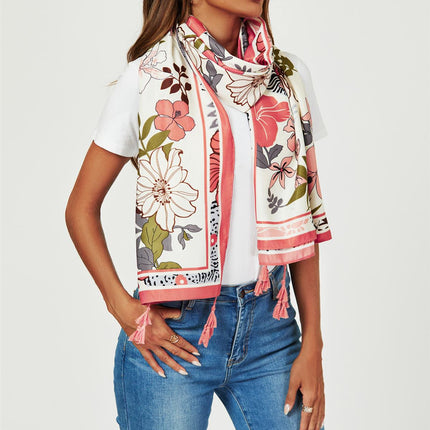 Tropical Floral Print Tassel Scarf In Pink