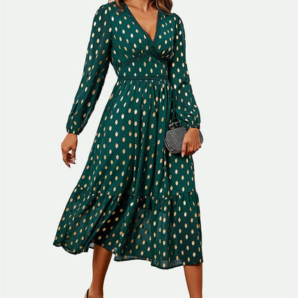 Lace Trim Foil Long Sleeve Maxi Dress In Green