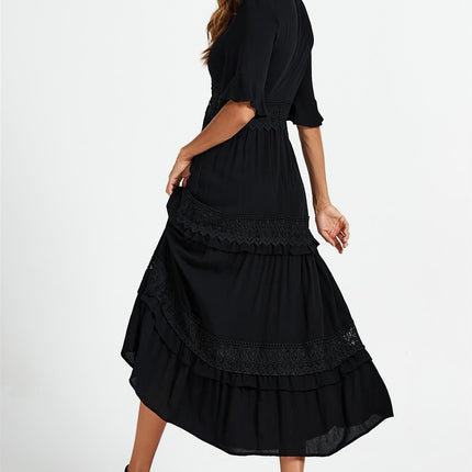 V Neck Lace Detail Midi Dress In Black