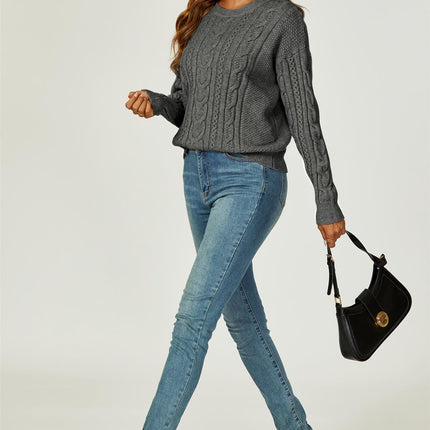 Cable Knit Crew Neck Jumper In Dark Grey