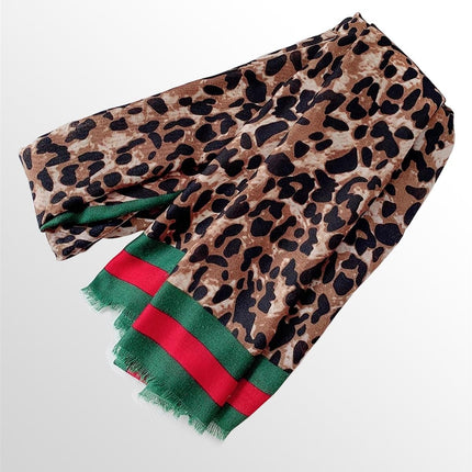 Leopard & Strip Print Fringed edges Scarf In Green & Red