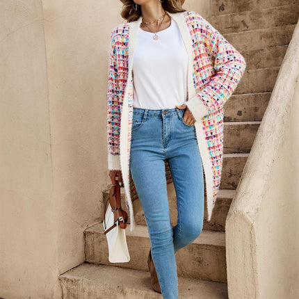 Cream Boucle Check Cardigan In Rainbow Multicolour Speckles