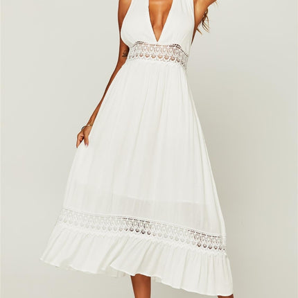 V Neck Back Tie Detail Lace Midi Dress In Ivory White