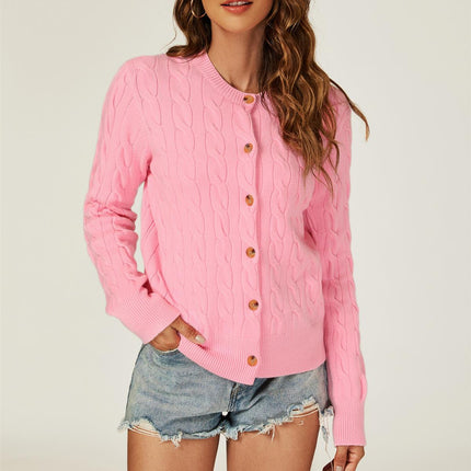 Cable-Knit Crewneck Cardigan In Pink