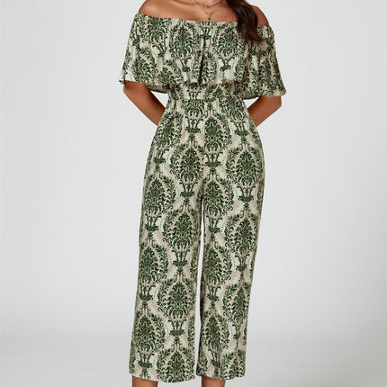 Off The Shoulder Print Frill Jumpsuit In Green