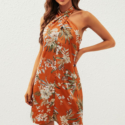Satin Floral Print Halter Neck Mini Dress In Orange