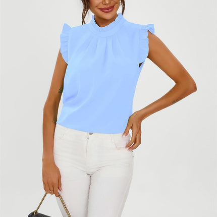 Frill Trim Sleeve High Neck Blouse Top In Light Blue