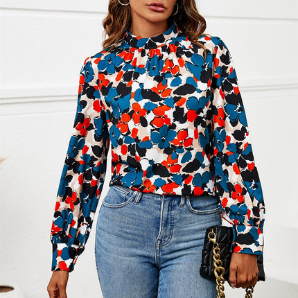 Floral Print Long Sleeve High Neck Top In Blue