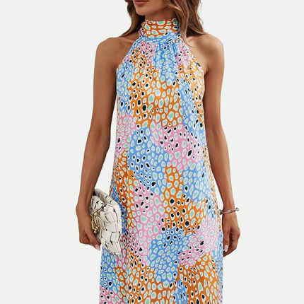 Leopard Print Halter Neck Tie Back Mini Dress In Pink & Blue & Yellow