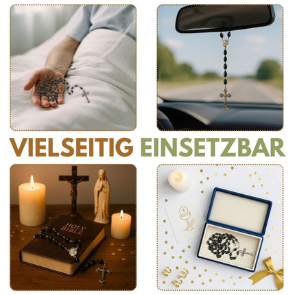 Rosenkranz mit ovalen Hämatitperlen (53 cm) | Gebetskette mit Metallkreuz, Geschenk zur Taufe, Kommunion & Firmung