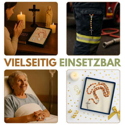 Rosenkranz mit ovalen Perlen aus Metall & Erde | Gebetskette mit Kreuz als Geschenk zur Taufe, Kommunion & Firmung