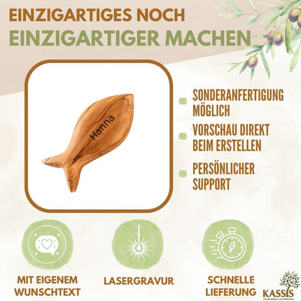 Fisch Handschmeichler aus Olivenholz | Kleiner Glücksbringer als Geschenk zur Taufe, Kommunion & Geburt