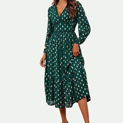 Lace Trim Foil Long Sleeve Maxi Dress In Green