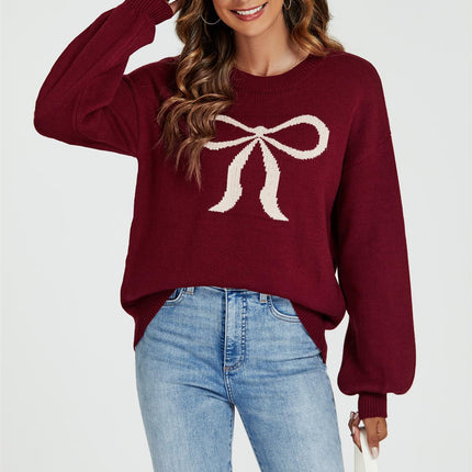Bow Pattern Jumper Top In Wine
