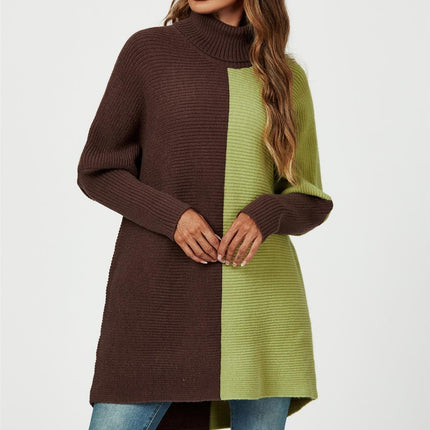 High Neck Half Brown & Green Block Colour Jumper Top