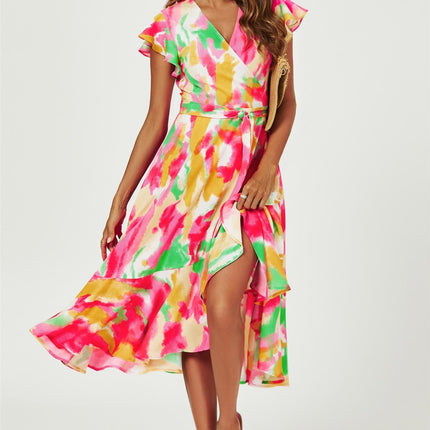 Abstract Floral Print Midi Wrap Dress In Pink