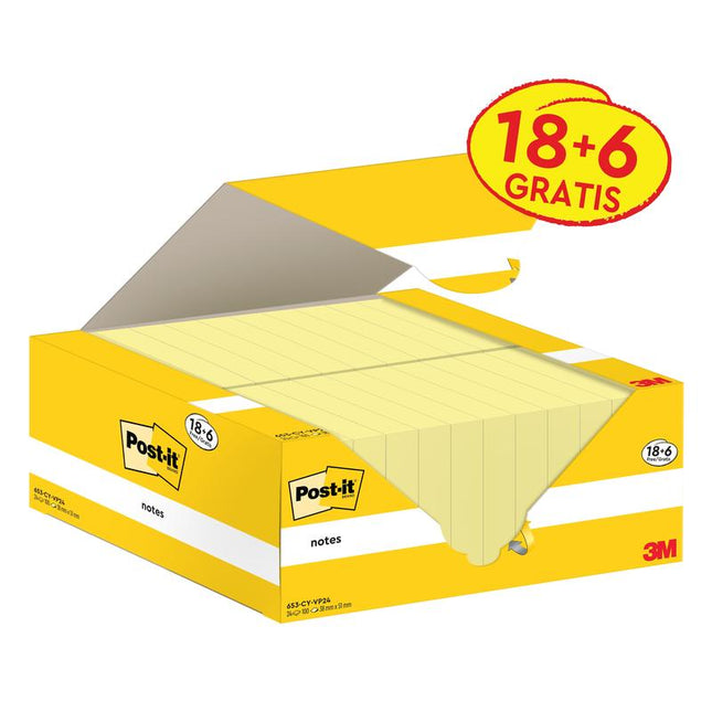 Post-it® Notes, Gelb, 38 mm x 51 mm, 100 Blatt/Block, 18 Blöcke + 6 Gratis/Packung, Kartonverpackung, 100% PEFC, SGSCH-PEFC-COC-110078 | Packung (1 Stück)