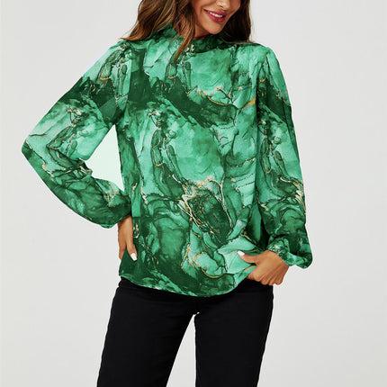 Marble Print Long Sleeve High Neck Top In Light Green