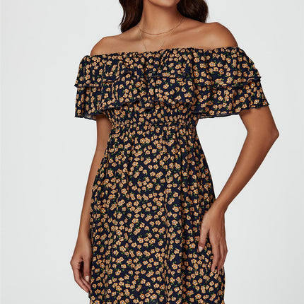 Floral Print Bardot Frill Mini Dress In Navy