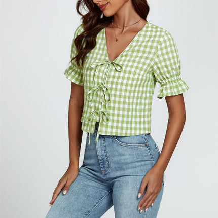 Check Print Tie Front Top In Green