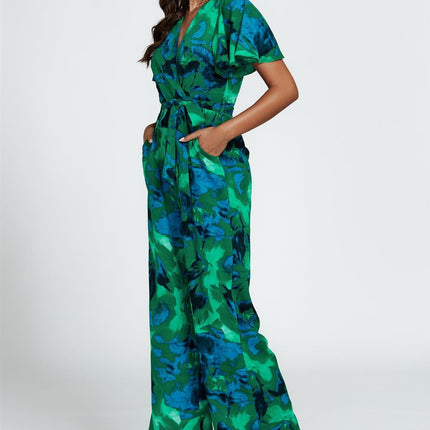 Abstract Print Wrap Top Jumpsuit In Green
