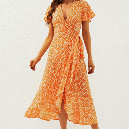 Floral Print Wrap Midi Dress In Orange Yellow