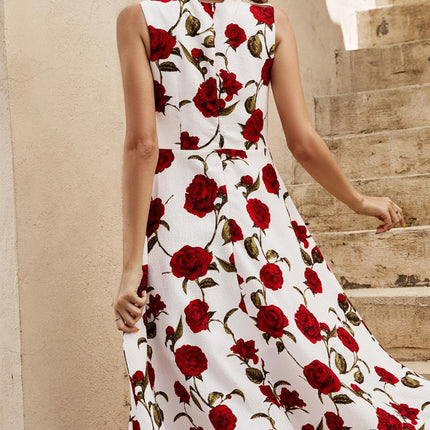 Red Roses Print Heart Neck Midi Dress In Off White