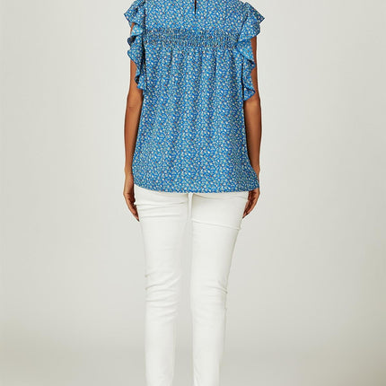 Floral Print Frill Hem Short Sleeve Blouse Top In Blue