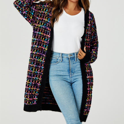 Rainbow Multicolour Speckles Boucle Check Cardigan In Black
