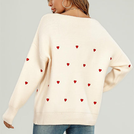Embroidery Red Heart V Neck Jumper In Cream