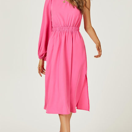 One Shoulder Split Leg Midi Dress In Fuchsia Print