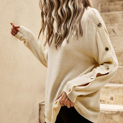 Button Detail Comfy Jumper Top In Beige