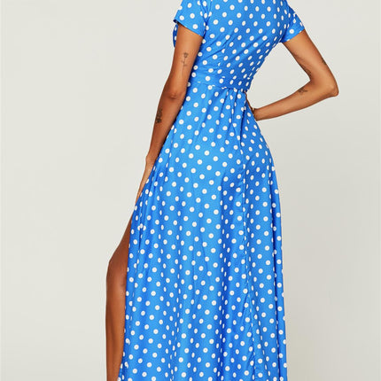 Polka Dot Print High Waist Wrap Dress In Royal Blue