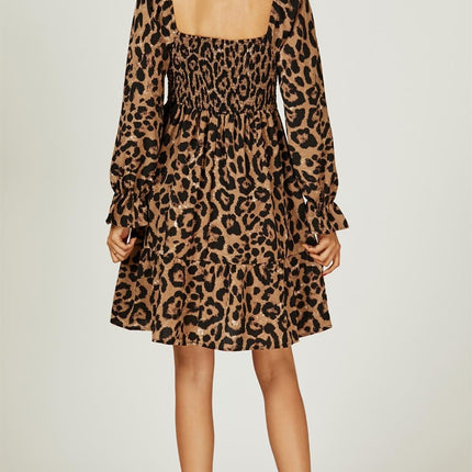 Square Neck Puff Sleeve Mini Dress In Leopard Print