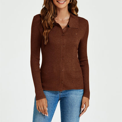 Morgan collar Double Breasted Knit Top In Brown