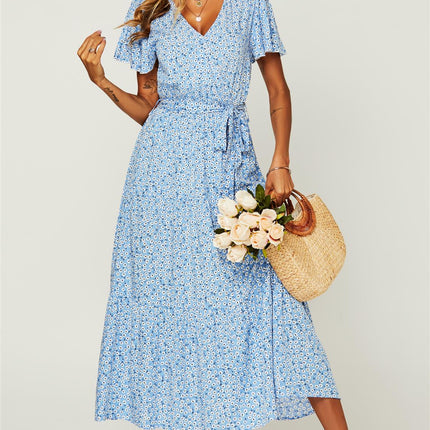 Floral Print Hem Tiered Wrap Midi Dress In Blue