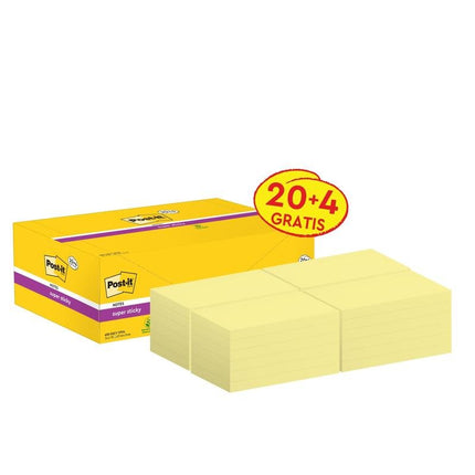 Post-it® Super Sticky Notes, Gelb, 76 mm x 127 mm, 90 Blatt/Block, 24 Blöcke/Packung, Kartonverpackung, 100% PEFC, SGSCH-PEFC-COC-110078 | Packung (1 Stück)