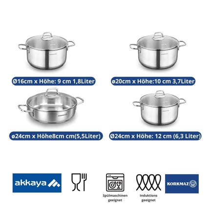 Kochtopf-Set 8-teilig aus 18/10 Edelstahl, induktionsgeeignet