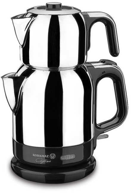 Korkmaz Caytema Elektrischer Teekocher-Duo – Inox/Chrome, 0,9 l Kanne & 1,7 l Kessel, 1600 W, 18/10 Edelstahl, Warmhaltefunktion