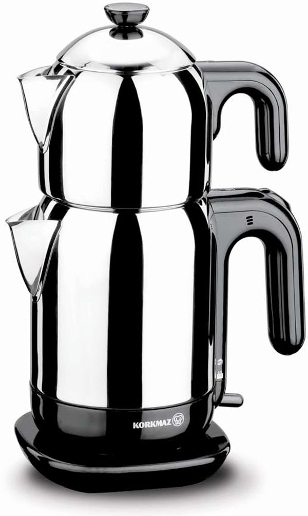 korkmaz Elektrischer Teekocher & Wasserkocher (Schwarz) – 1,1 l Kanne / 1,7 l Kessel, 1600 W, 18/10 Edelstahl, Warmhaltefunktion