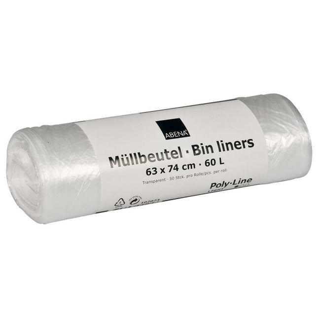 Müllbeutel 60 L, 630x740 mm, 5,5 my HDPE, Transparent    | Rolle (50 Beutel)
