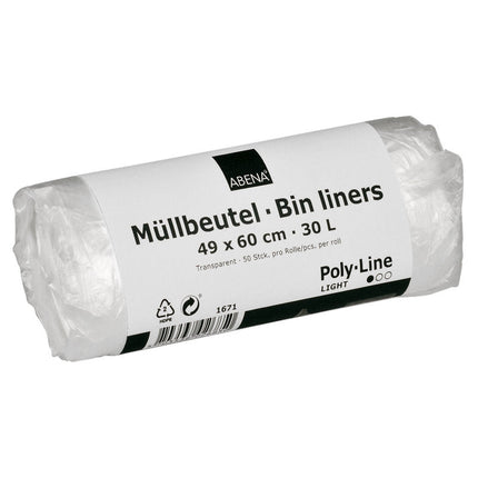 Müllbeutel 30 L, 490x600 mm, 4,5 my HDPE, Transparent    | Rolle (50 Beutel)