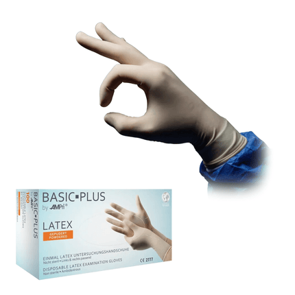 AMPri BASIC-PLUS Latexhandschuhe gepudert, weiß | Box (100 Stück)