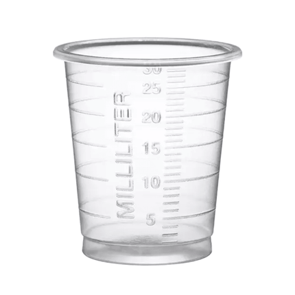 AMPri MED-COMFORT PP Eco Einmal Medizinbecher 30 ml graduiert, verschiedene Farben | Karton (60 Beutel)