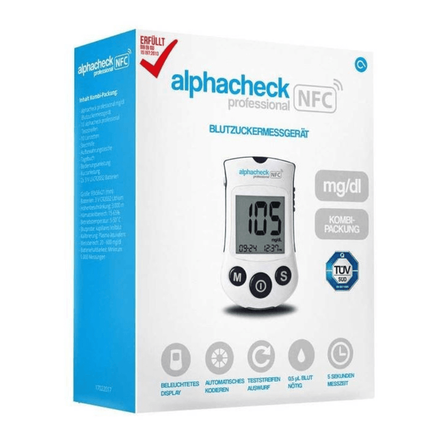 Alphacheck Professional NFC Blutzuckermessgerät Kombipackung | Packung (1 Stück)
