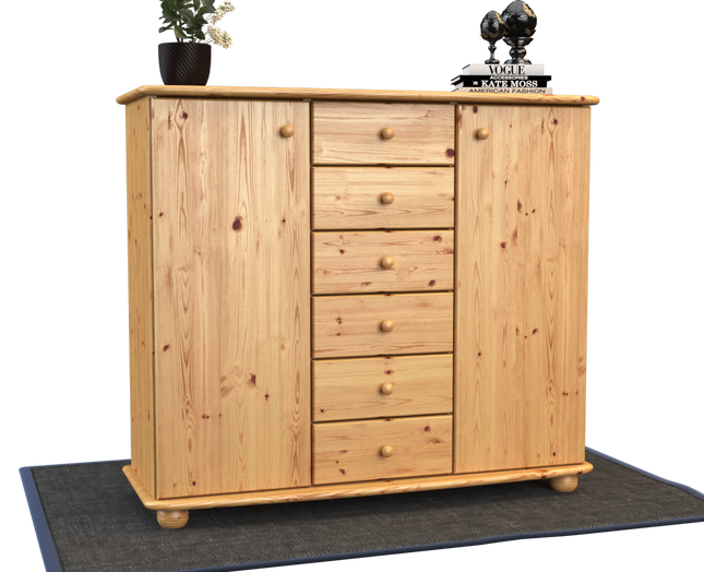 Anika Kommode Sideboard | Anrichte | 2-Türig | 6-Schubladen | 100% Bio Kiefer Massivholz