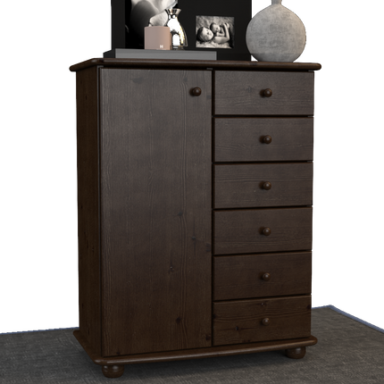 Anika Kommode 100% Bio Kiefer Massivholz | Sideboard mit 6 Schubladen und 1 Tür aus solidem Holz