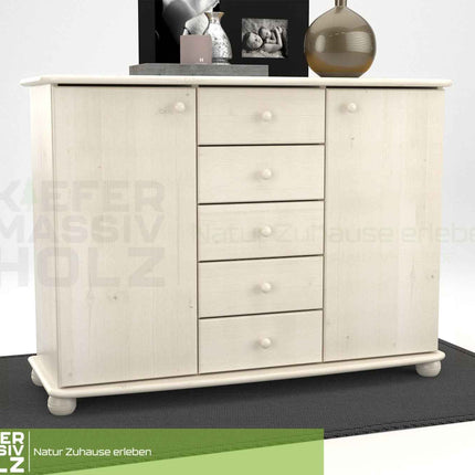Anika Kommode Bio Kiefer Massivholz | Sideboard mit 2 Türen und 5 Schubladen